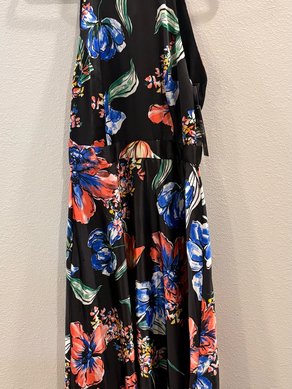 Black Floral Halter Maxi Dress with Blue & Coral Blooms